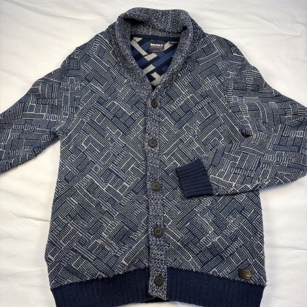 Timberland Mens XL Slim‎ Fit Shawl Collar Geometric Knit Cardigan Navy TBOA1OYJ